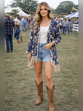 Lucky Brand Open Front Sweater Aztec Fleece Fringe Cardigan Medium